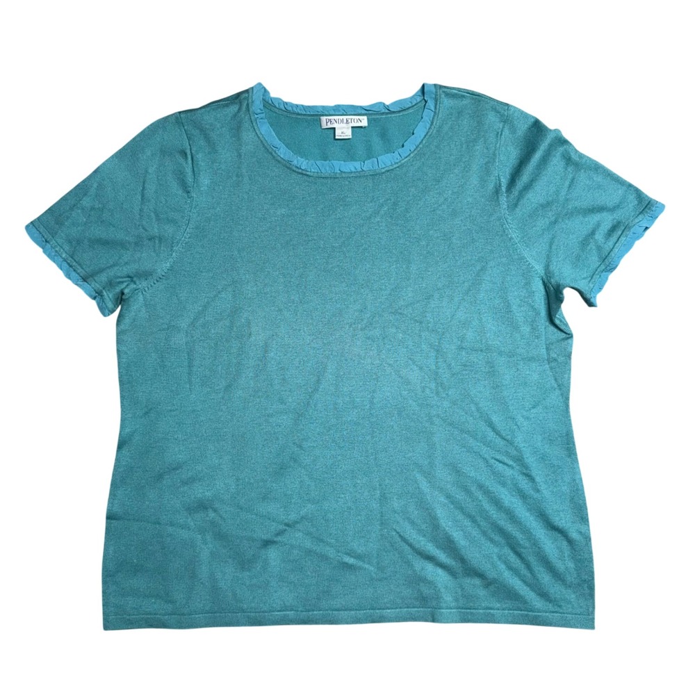 Pendleton Knit Top Womens Teal Excellent Silk Cashmere Ruffle Trim‎ Short Sleeve